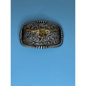 Btilasif Silver Tone Filigree Belt Buckle w/Gold Tone Texas Longhorn